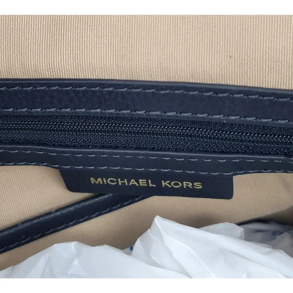 Michael‎ Kors Junie Medium Drawstring Backpack Navy White Chevron Woven Leather